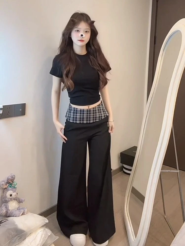 黑色格子拼接西装阔腿裤女春夏季2025新款宽松高级感休闲长裤夏季