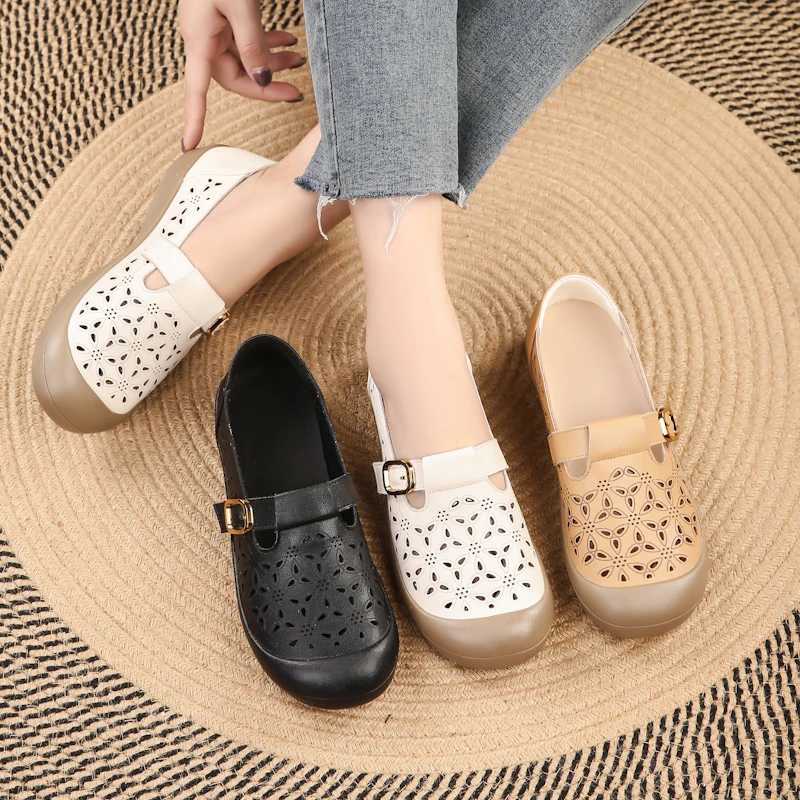 镂空圆头包头民族风中老年洞洞鞋女鞋单鞋复古软底休闲妈妈鞋