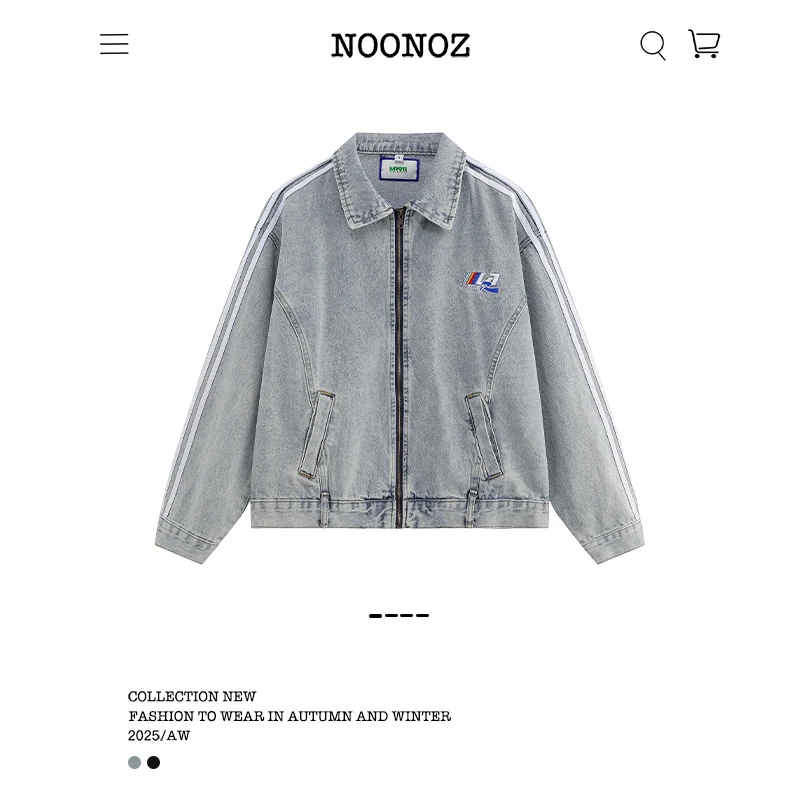 NOONOZ潮牌条纹拼接做旧水洗美式牛仔外套男早秋街头情侣百搭外套