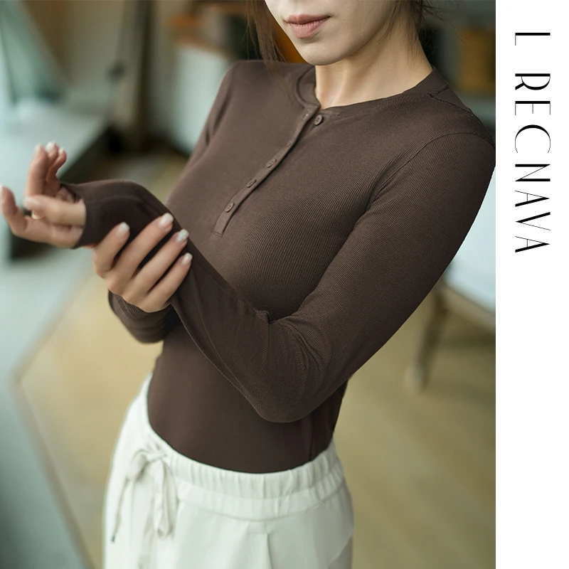 L RECNAVA/芮柯纳未莫代尔软糯长袖针织 竖纹纽扣半开襟打底衫