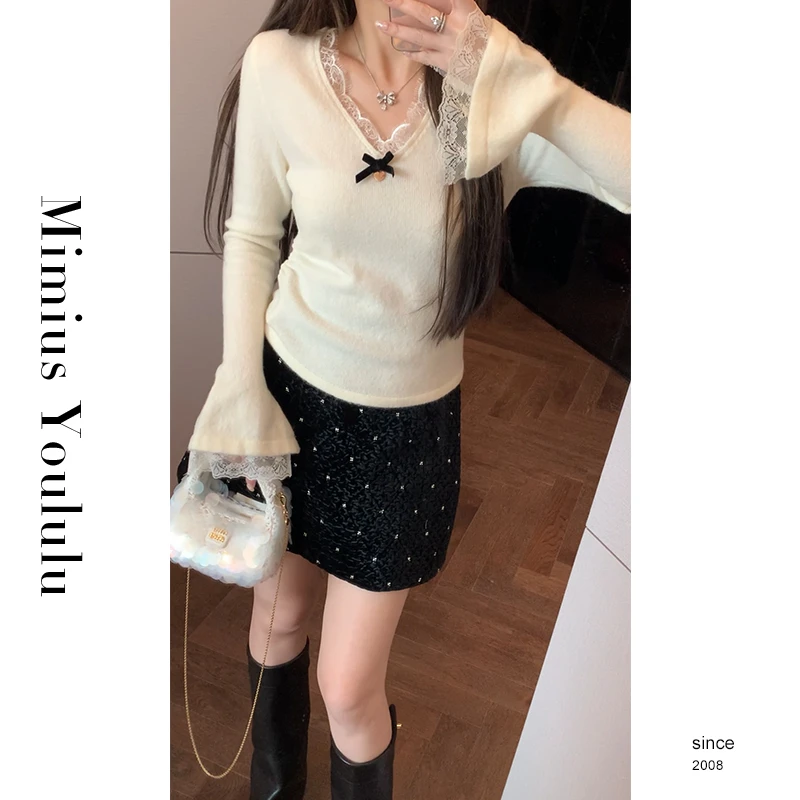 【mimius】七七 纯欲正肩蕾丝拼接V领针织打底衫 汉服 WF12022