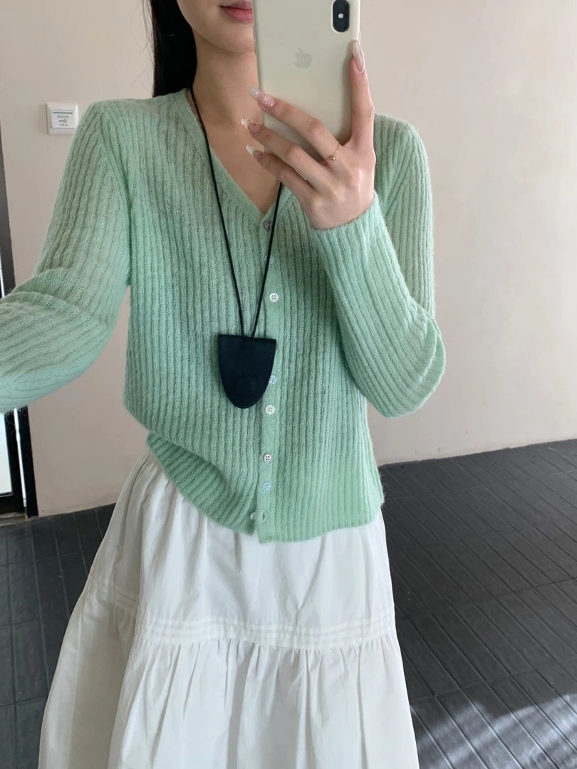 【素简.960167】春款上新丝光马海毛坑条气质开衫绵羊毛混纺针织衫