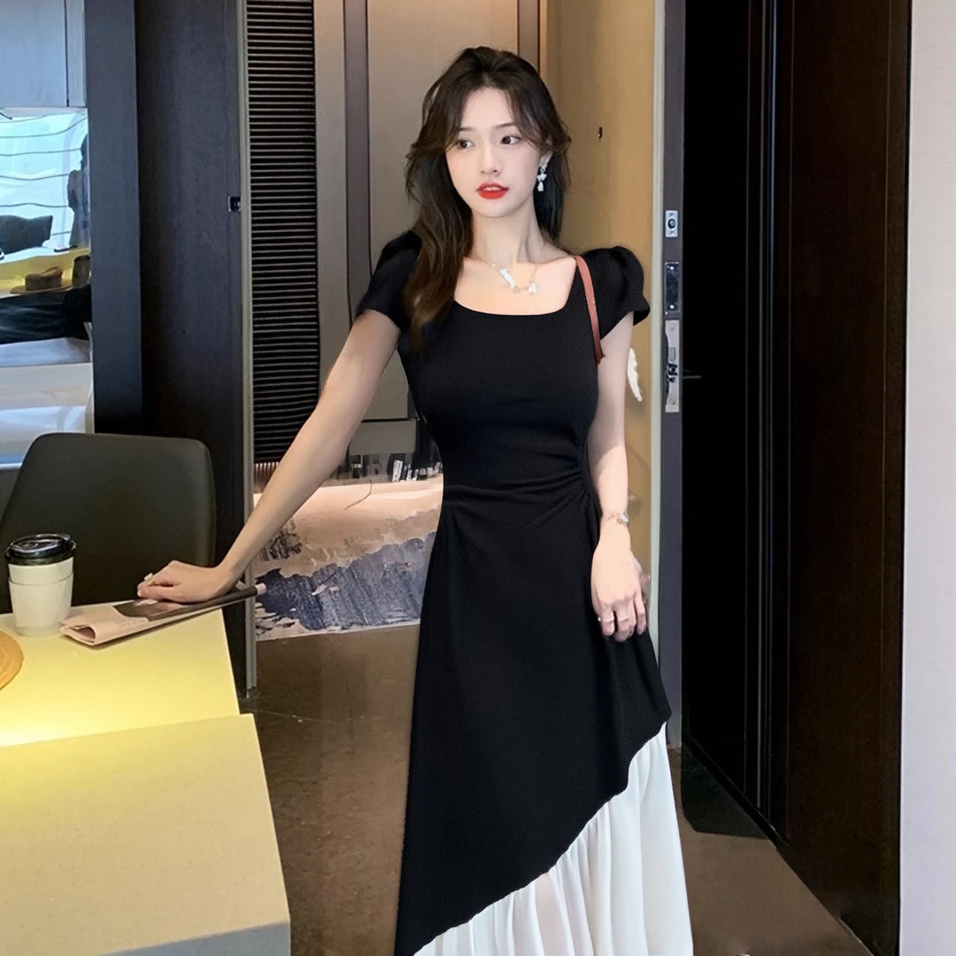 A法式短袖连衣裙女夏收腰显瘦拼接长裙微胖MM赫本风撞色裙子1555