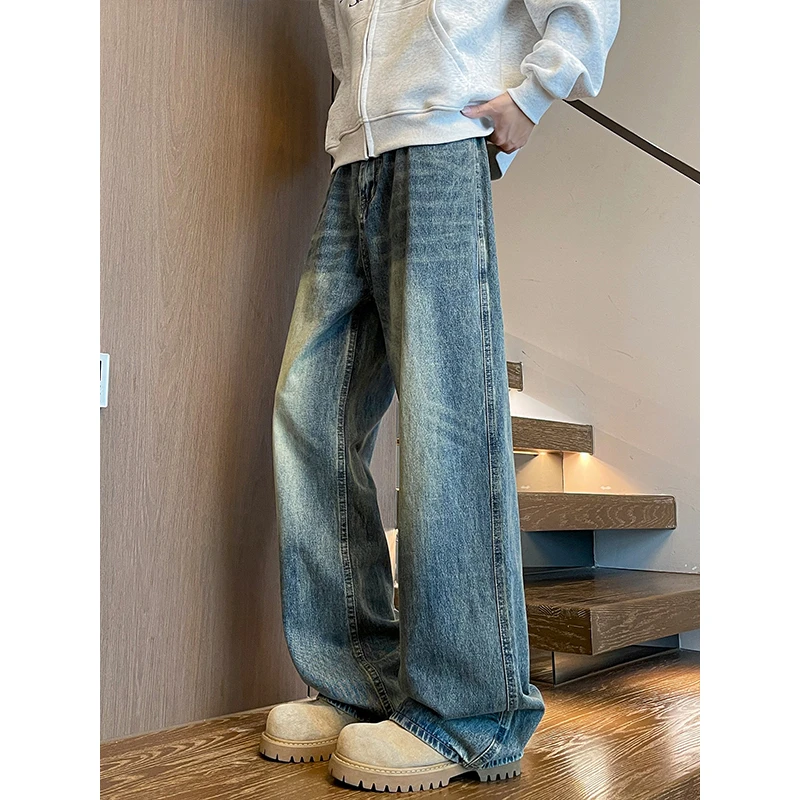 美式复古猫须纹微喇牛仔裤男春秋vibe休闲直筒裤子潮流宽松阔腿裤