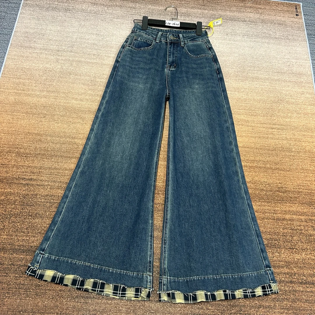 C10-7631 高货 蓝色美式小众个性拼接A版大阔腿裤裙 有弹（不换退）
