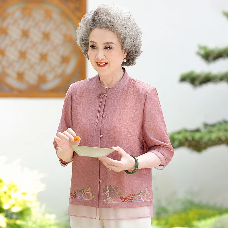 良三奶奶衣服老人夏装衬衫2025新款新中式妈妈装中老年人高档上衣