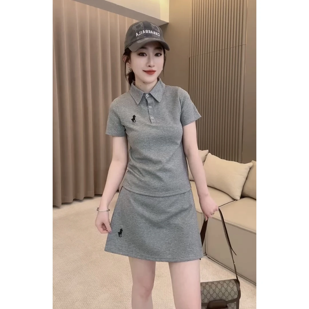 2025夏季新款韩版时尚套装女POLO领刺绣短袖上衣休闲半身裤裙