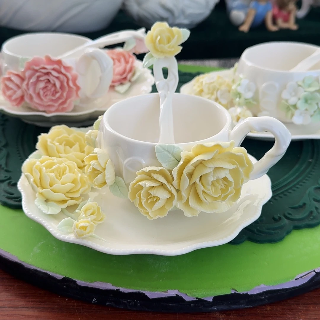 牡丹花咖啡杯碟加勺子