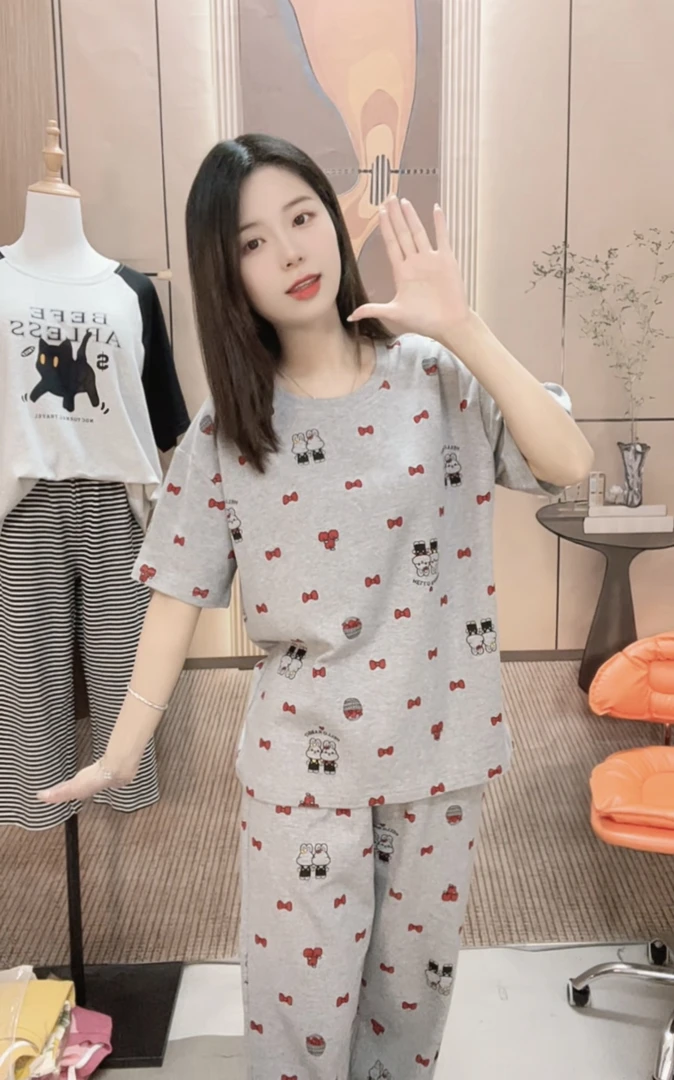 22686（拍一发三）灰色Hello兔子短袖长裤短裤三件套睡衣女士家居服
