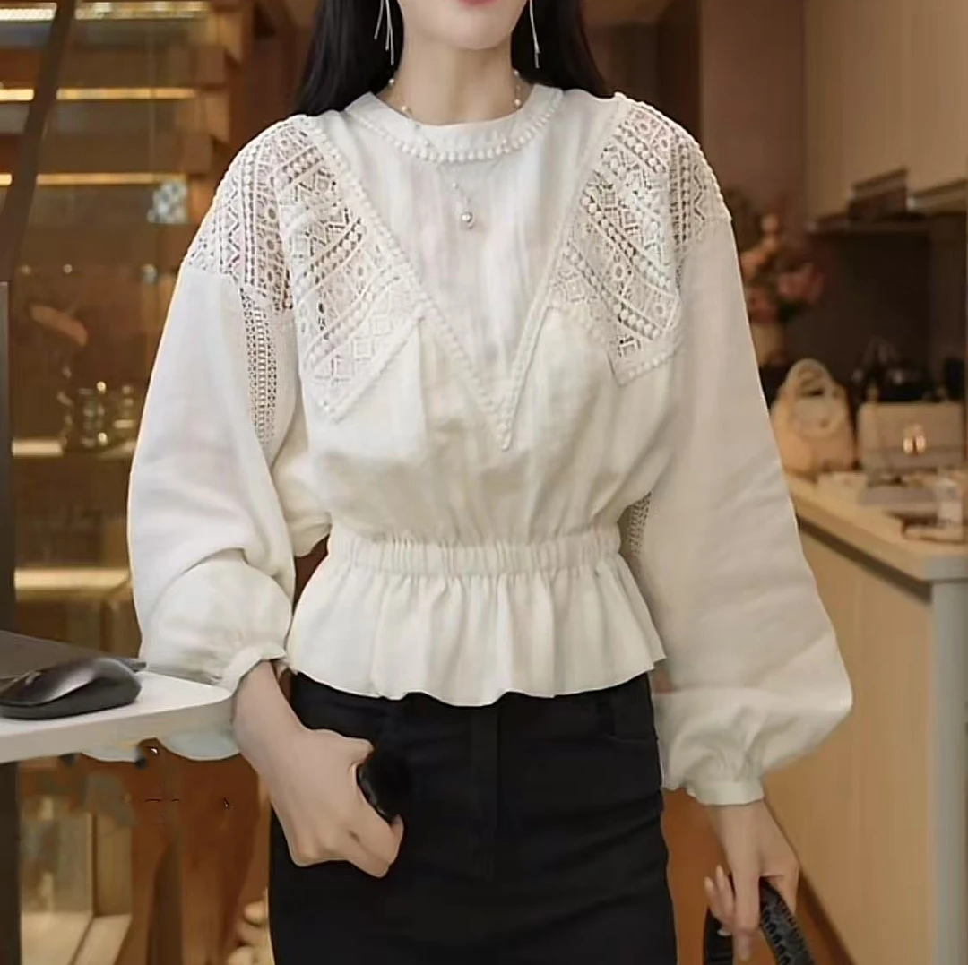 【梦中情意】 重工设计感小衫长袖镂空休闲风衬衫蕾丝衬衫