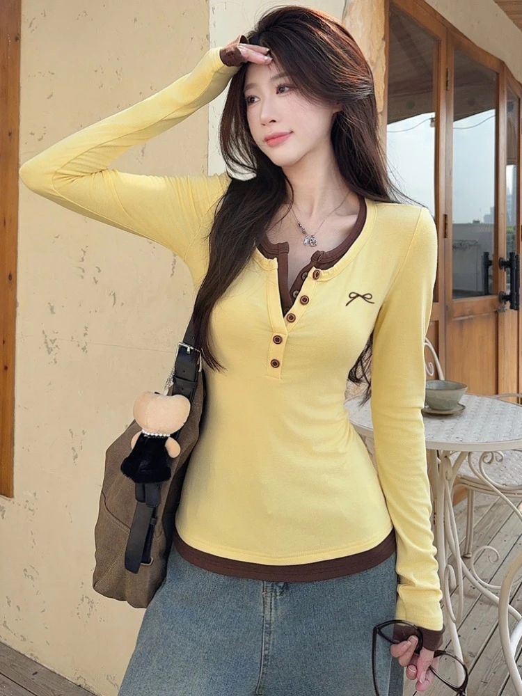 希妮丝 韩系撞色假两件长袖内搭T恤上衣秋冬新款女款显身材打底衫