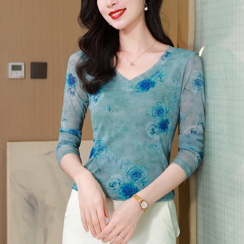 中复古网纱V领长袖T恤中老年女装内搭春秋季新款上衣高贵妈妈小衫
