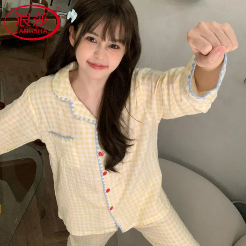 浪莎奶黄格子睡衣2025新款少女春秋季长袖长裤纯棉纱布家居服套装
