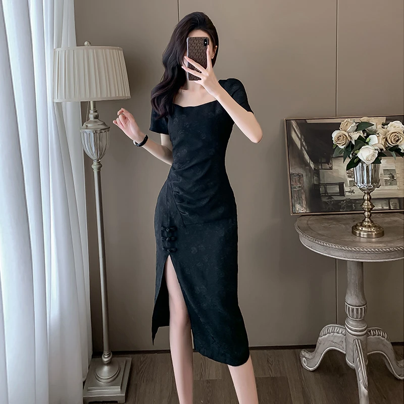 后妈裙御姐风改良旗袍连衣裙女夏名媛气质开叉中长裙端庄大气修身