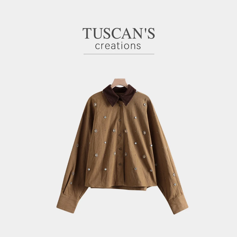 TUSCAN'S CREATIONS气质长袖休闲百搭翻领女士钉钻夹克外套