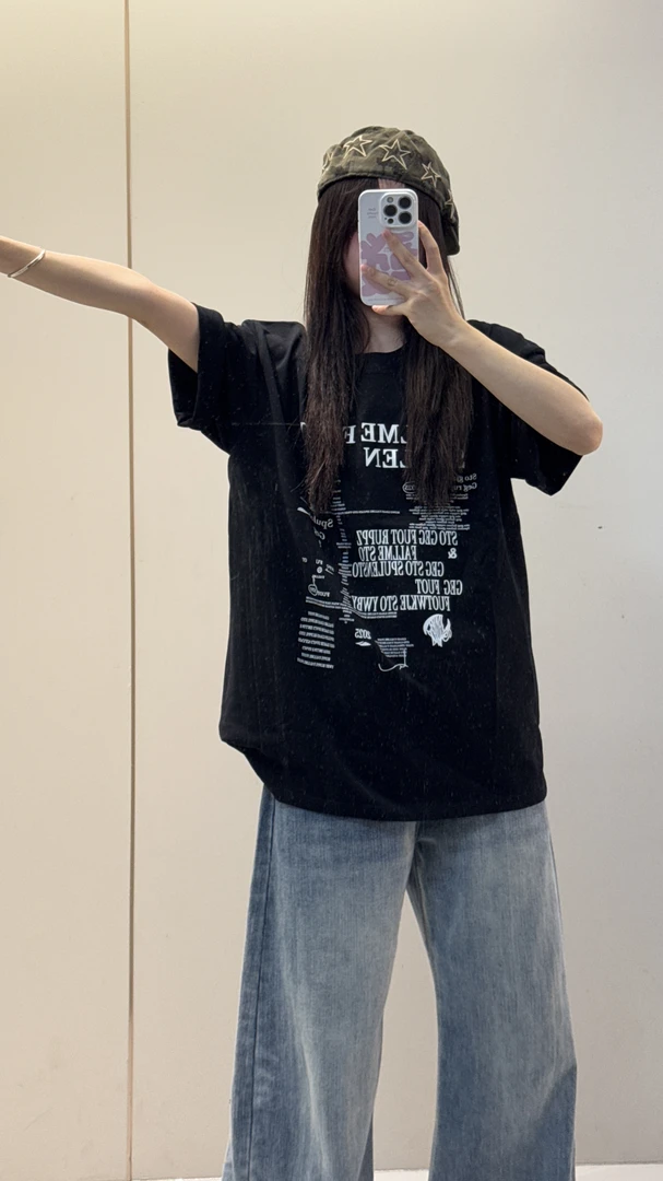 字母印花短袖t恤宽松显瘦美式百搭款2-300斤100%纯棉圆领胖MM上衣