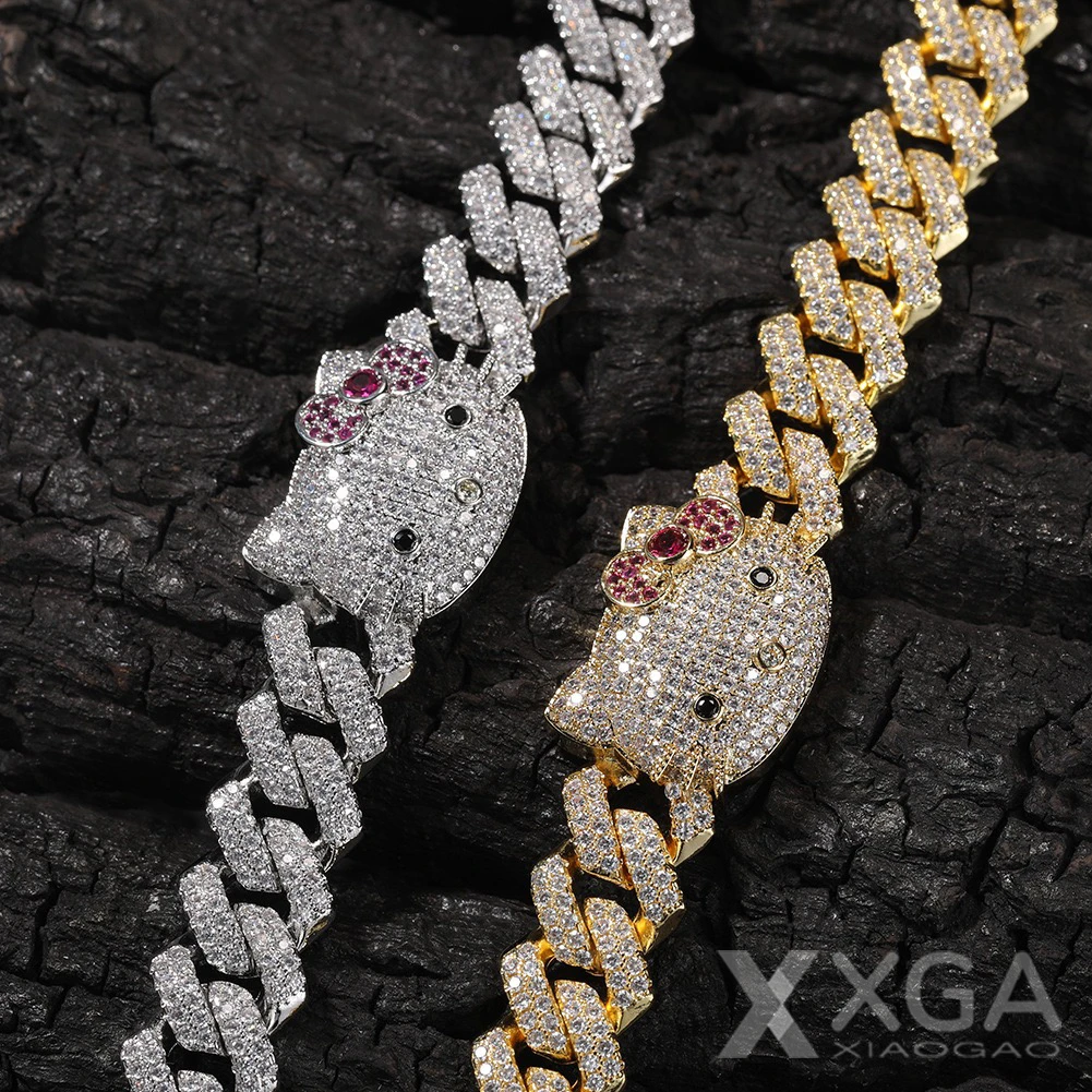 铜合金合成锆石手链 kitty凯蒂猫古巴链小众个性满钻嘻哈卡通手链