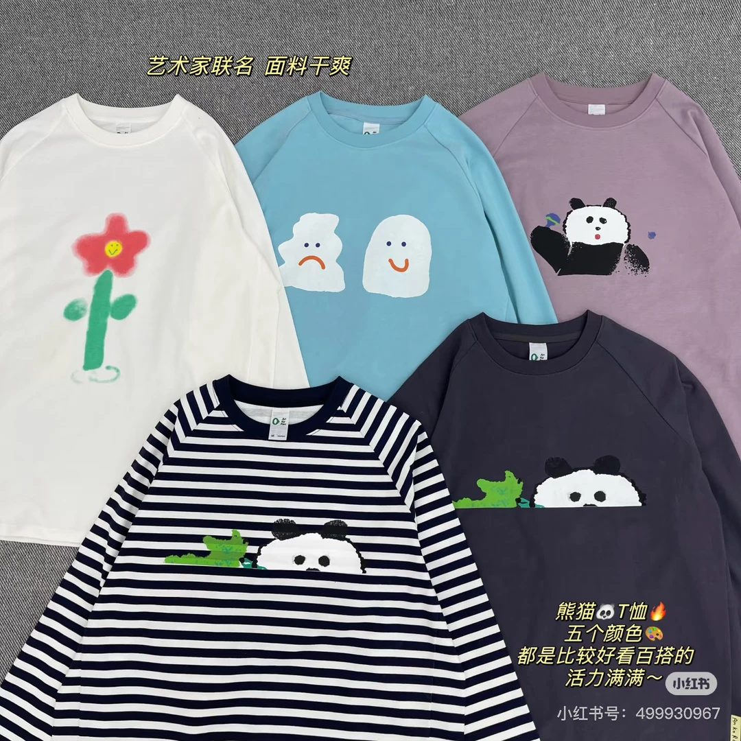 “幸运熊猫”若若子趣味四色联名款手绘长袖T