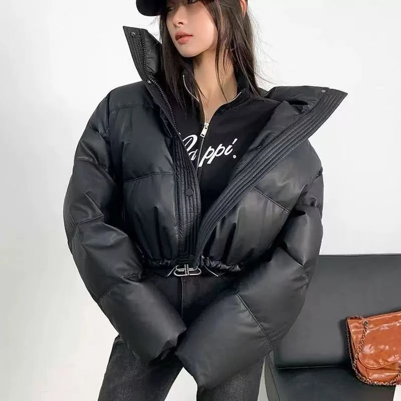 皮肯豆 短款立领女2024韩版宽松加厚PU皮面包服小个子外套潮TJ