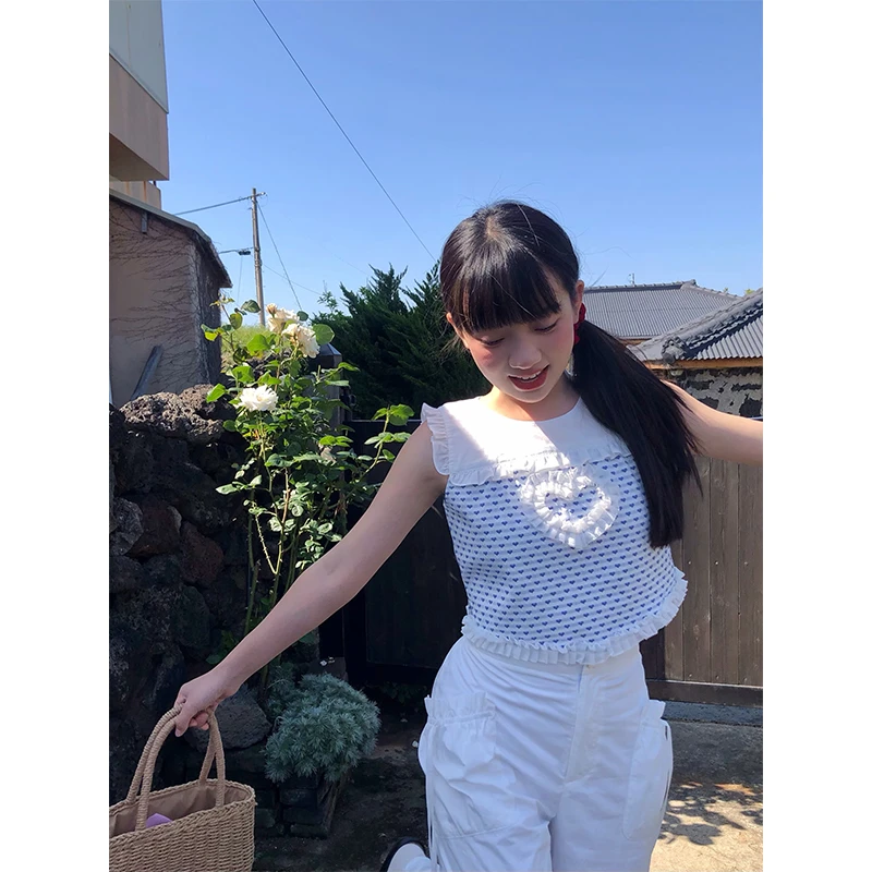 嘿山姥姥蓝白拼接背心女夏外穿内搭无袖显瘦百搭短款上衣