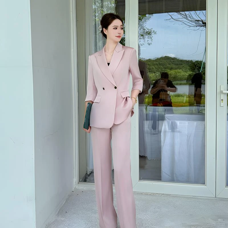 双排扣通勤名媛常规款西装气质短袖夏季修身极简风西服休闲时尚