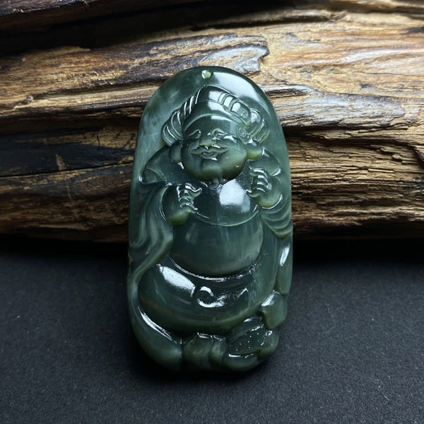 精品和田玉俄料手工雕刻碧玉黑猫财神吊坠精雕挂坠