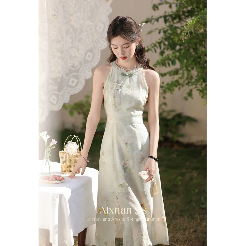 鹿向南【粉丝福利】《浮春绘》挂脖新中式连衣裙新款女夏气质中国