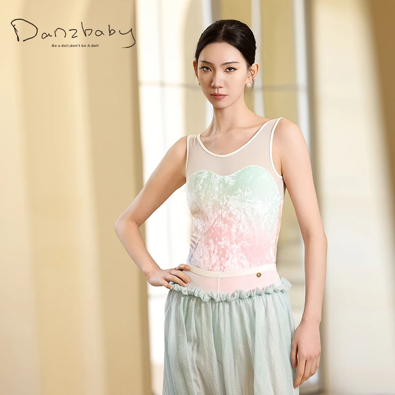 danzbaby芭蕾舞练功服女舞蹈艺考成人网纱拼接晕染丝绒体操服B326