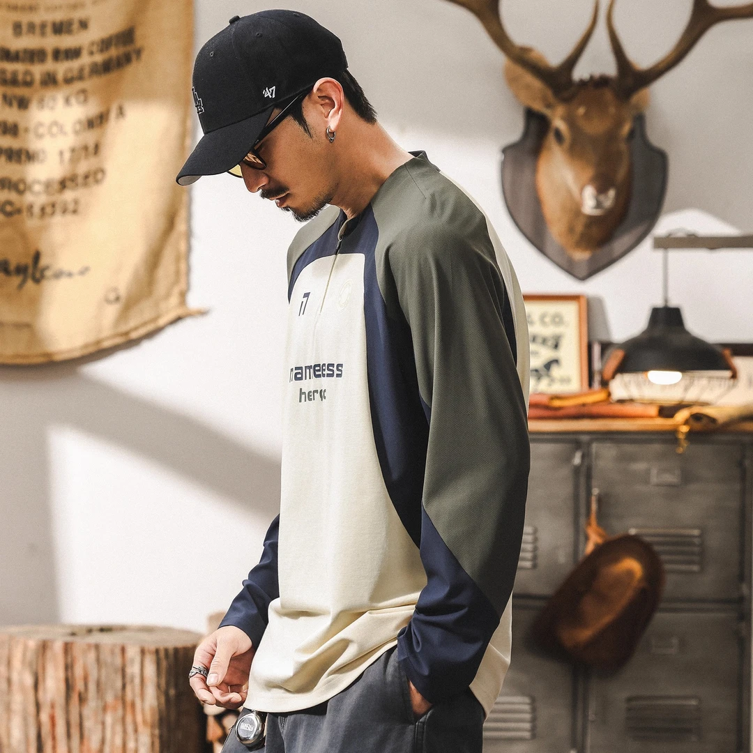 美式户外运动拼接长袖t恤男秋冬款潮牌宽松薄款撞色骑行训练服男