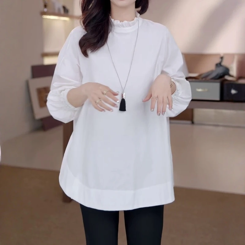 春秋季新款韩系洋气花边领打底衫白色设计感衬衫女长袖中长款衬衣