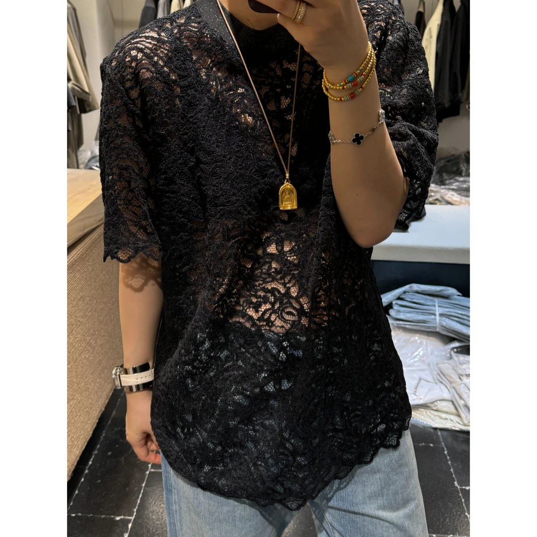JING2025春季新款蕾丝上衣洋气个性半袖复古国风修身短袖