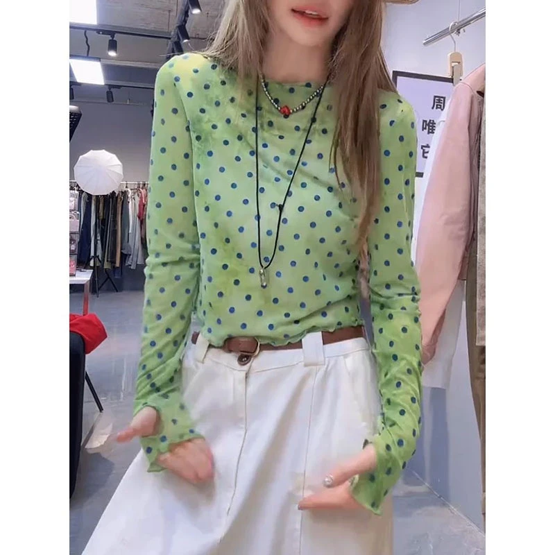 绿色短款波点长袖圆领T恤女夏季2025年新款小众网纱防晒罩衫上衣