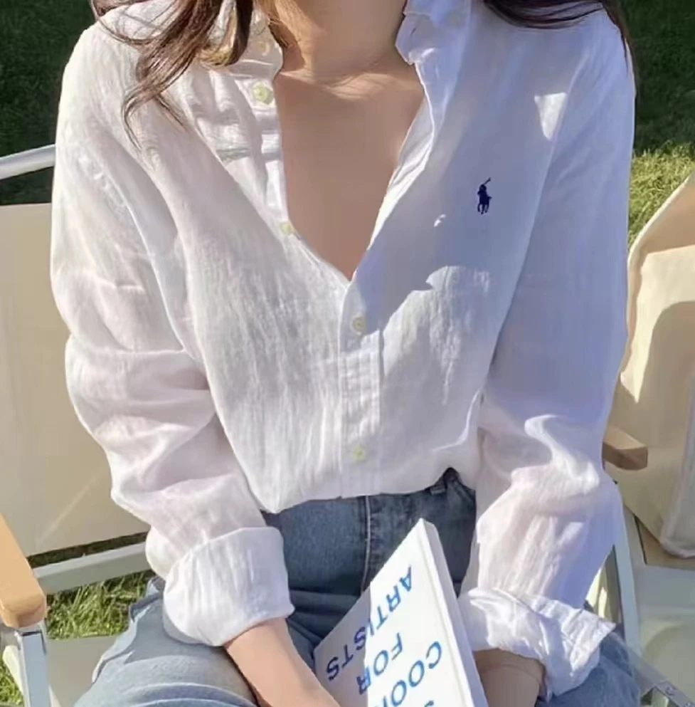 【原单撤柜】慵懒千金亚麻防晒老钱风经典小马标纽扣衬衫