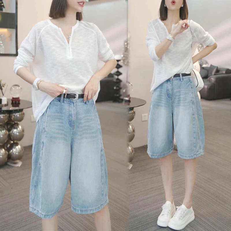 休闲百搭裤子阔腿裤套装女2026显瘦宽松针织长袖牛仔五分裤两件套