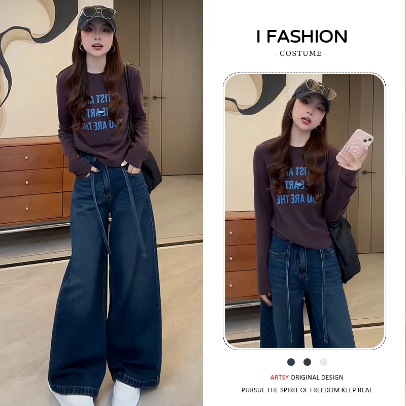 高含棉小个子韩系字母t恤女2026年春秋新款气质显瘦印花长袖上衣