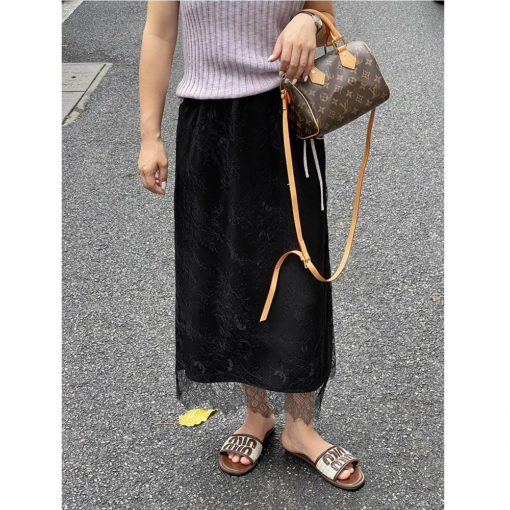 WenWen小个子2025夏季蕾丝显瘦松紧腰时尚韩版半身裙中长款3775