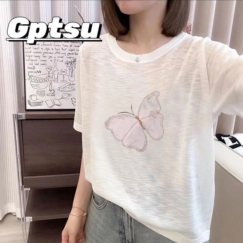 GPTSu夏季2025新款爆款雪花棉t恤薄款短袖正肩休闲上衣女宽松韩版