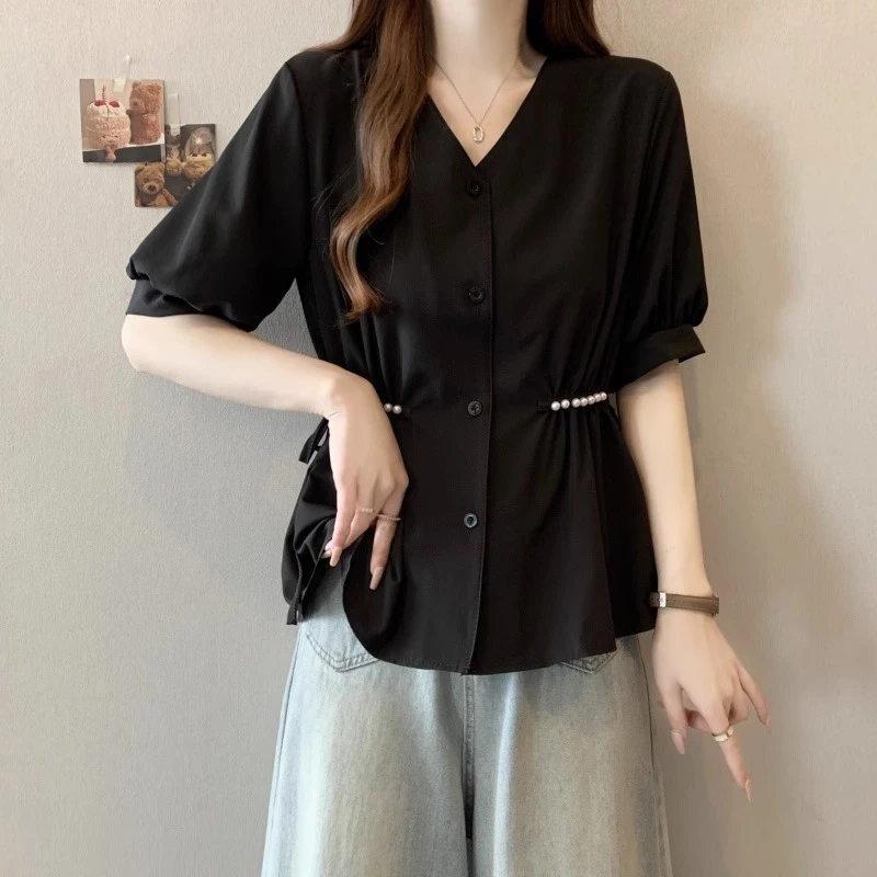 A2526大码衣服衬衫女2025新款爆款洋气夏季薄款钉珠系带收腰小衫
