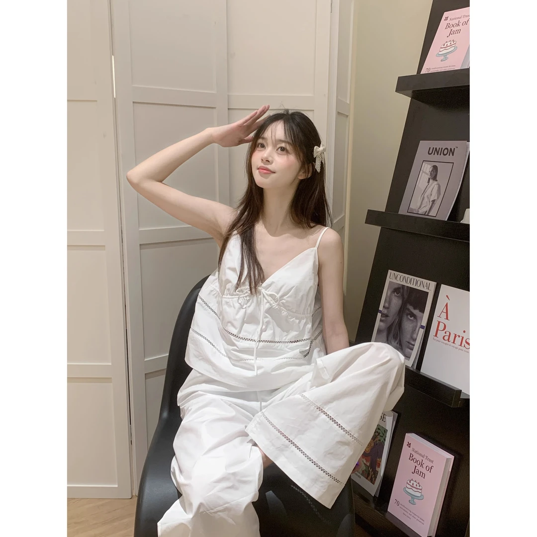 【性感吊带】甜美设计感V领睡衣女春夏2025新款辣妹长裤家居服套装