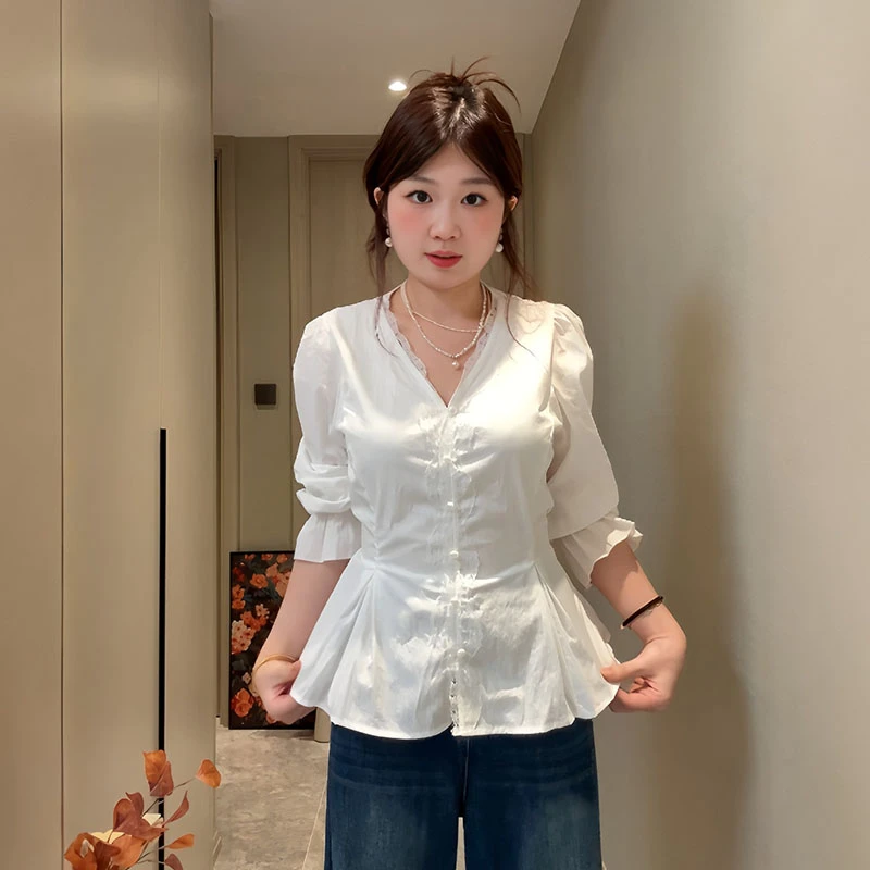 大码女装法式蕾丝拼接v领长袖衬衫秋季新款胖mm掐腰显瘦白色上衣