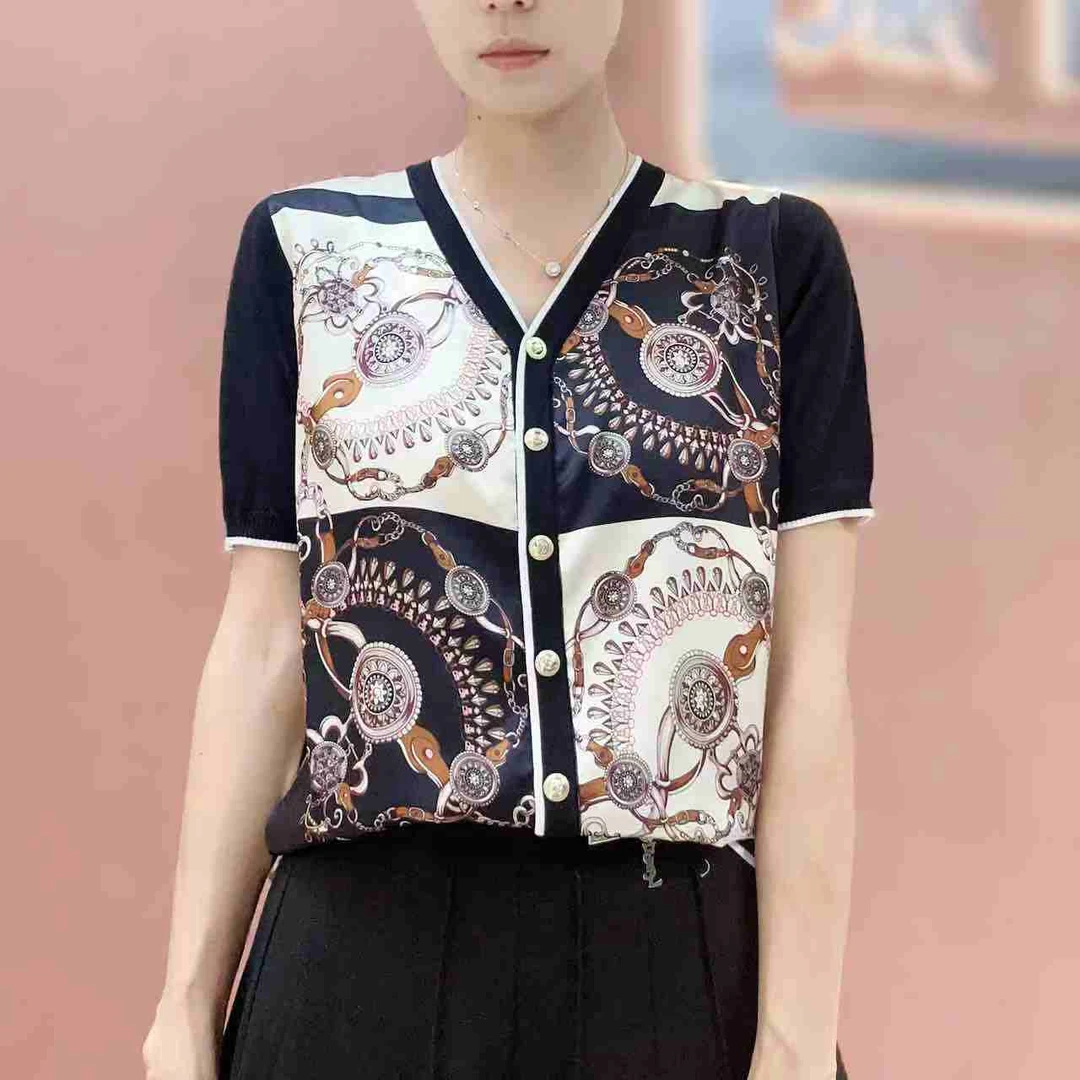 【复古链条】2025夏SS 25158印花桑蚕丝拼接针织短袖V领