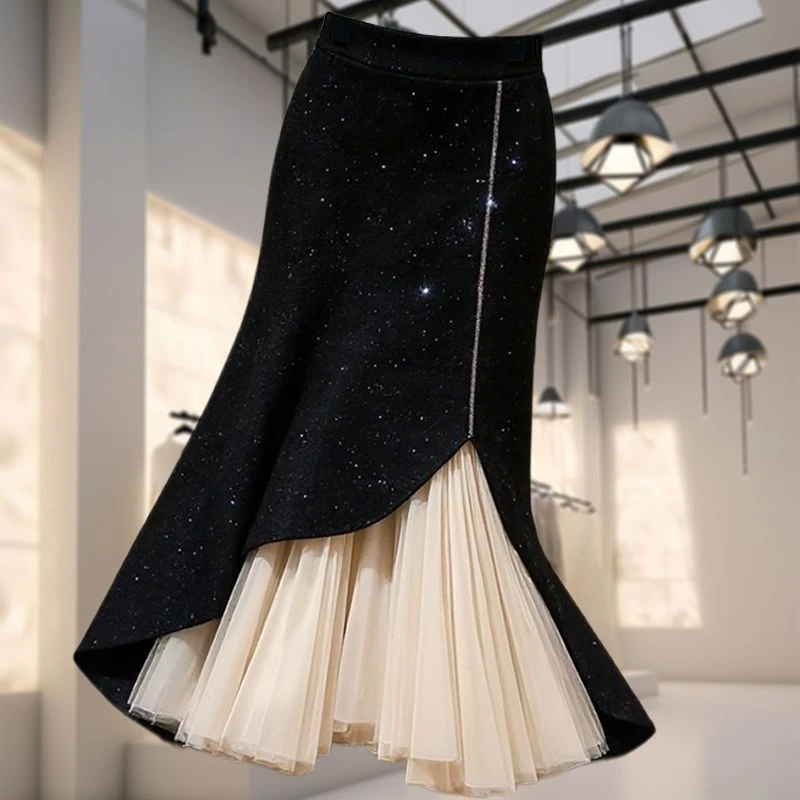 赫本风复古独特时尚拼接网纱裙子2025春秋新款名媛风包臀半身裙女