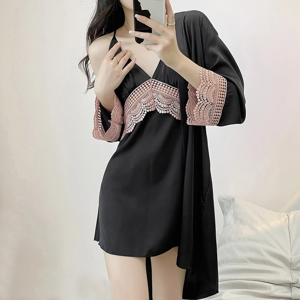 睡衣女夏季2025冰丝长袖吊带睡袍套装纯欲风性感镂空家居服蕾丝