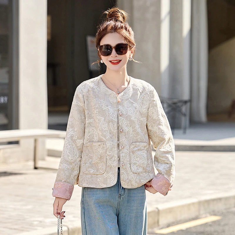 2025春款重工刺绣圆领撞色棉提花拼接百搭外套