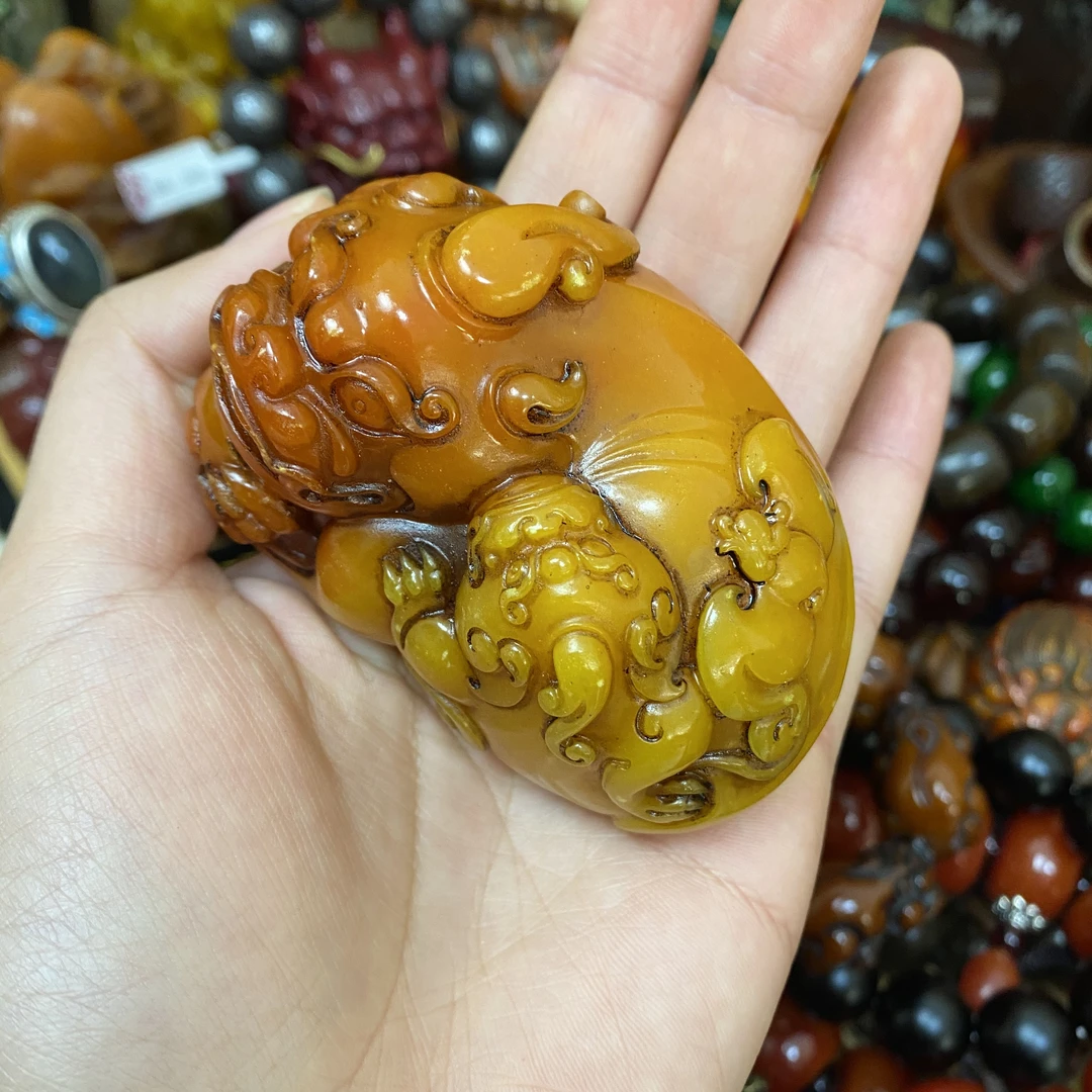 【主播推荐】鸡油黄包浆母子貔貅石雕摆件把件