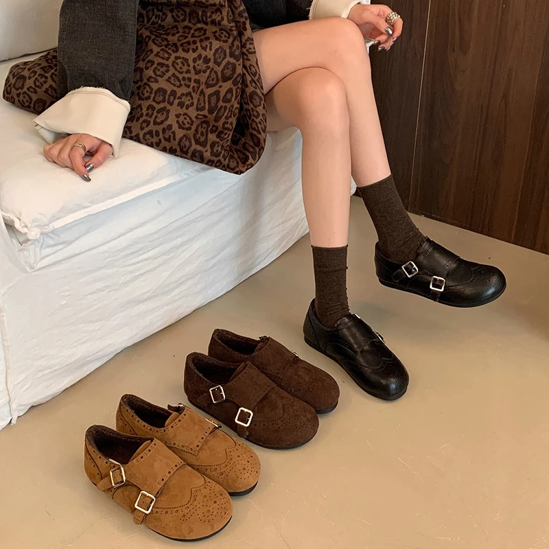 英伦风复古雕花加绒乐福鞋女2025新款秋冬季布洛克绒面雕花小皮鞋