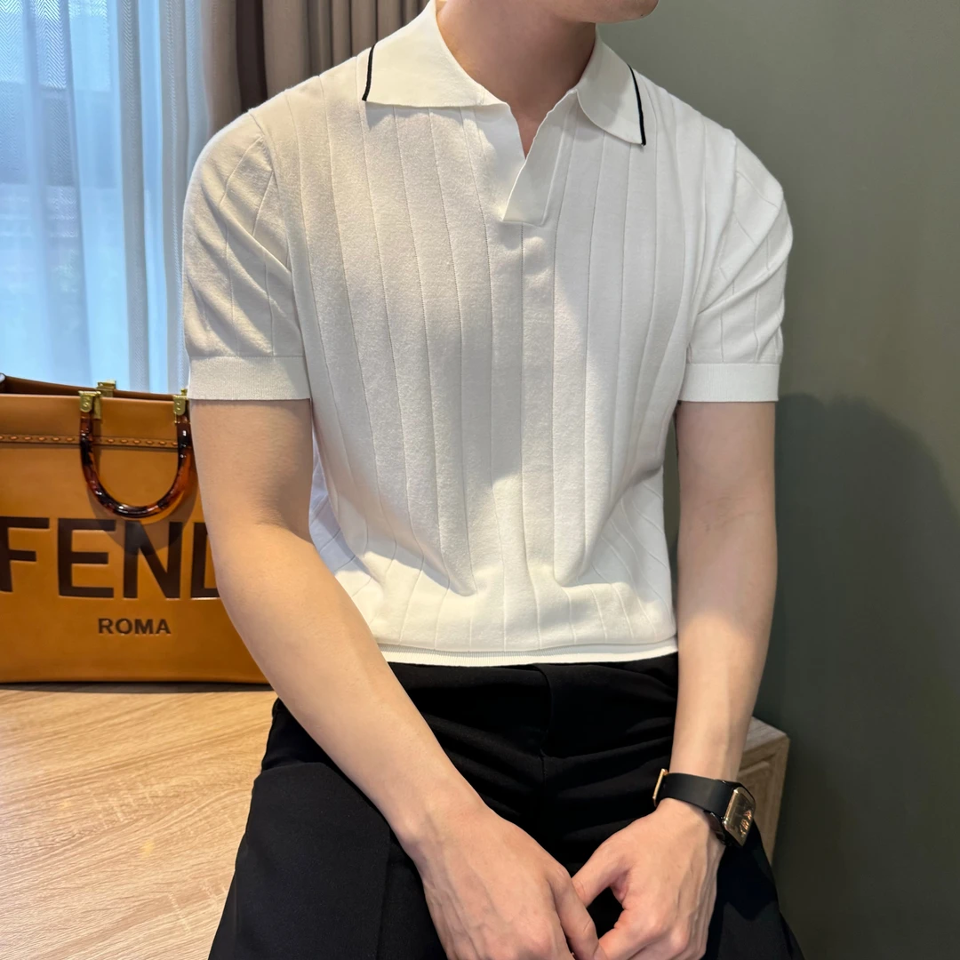 WUSHE物社【坑条肌理纹】男士百搭针织翻领T恤夏季休闲短袖潮POLO衫