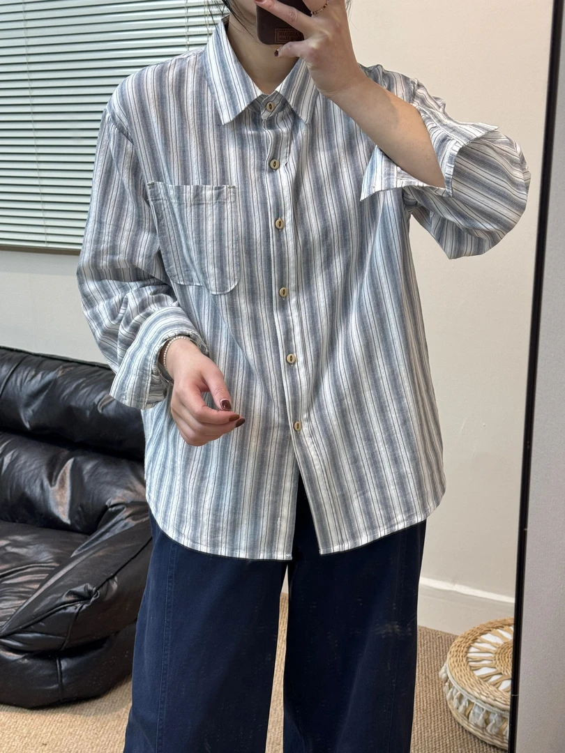 复古简约日系肌理竖条纹衬衫女2025春季新款宽松百搭长袖叠穿衬衣