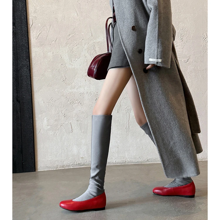 多巴胺欧若风平跟一脚蹬长筒韩版中跟街头风简约中筒女士圆头瘦瘦