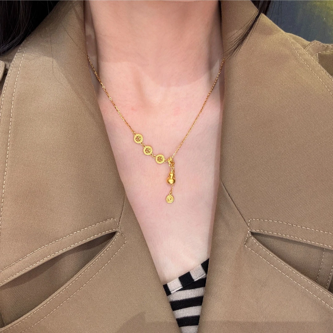 足金999黄金葫芦项链福禄套链福字磨砂吉祥如意吊坠纯金项链水贝